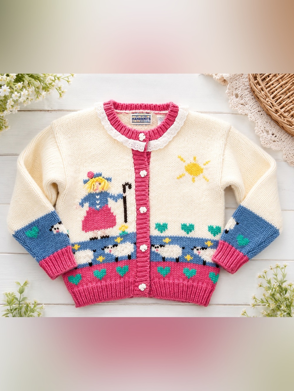 Vintage Handknits by BJ Little Bo Peep Cardigan Girls 5/6 Hand Knit Cottagecore